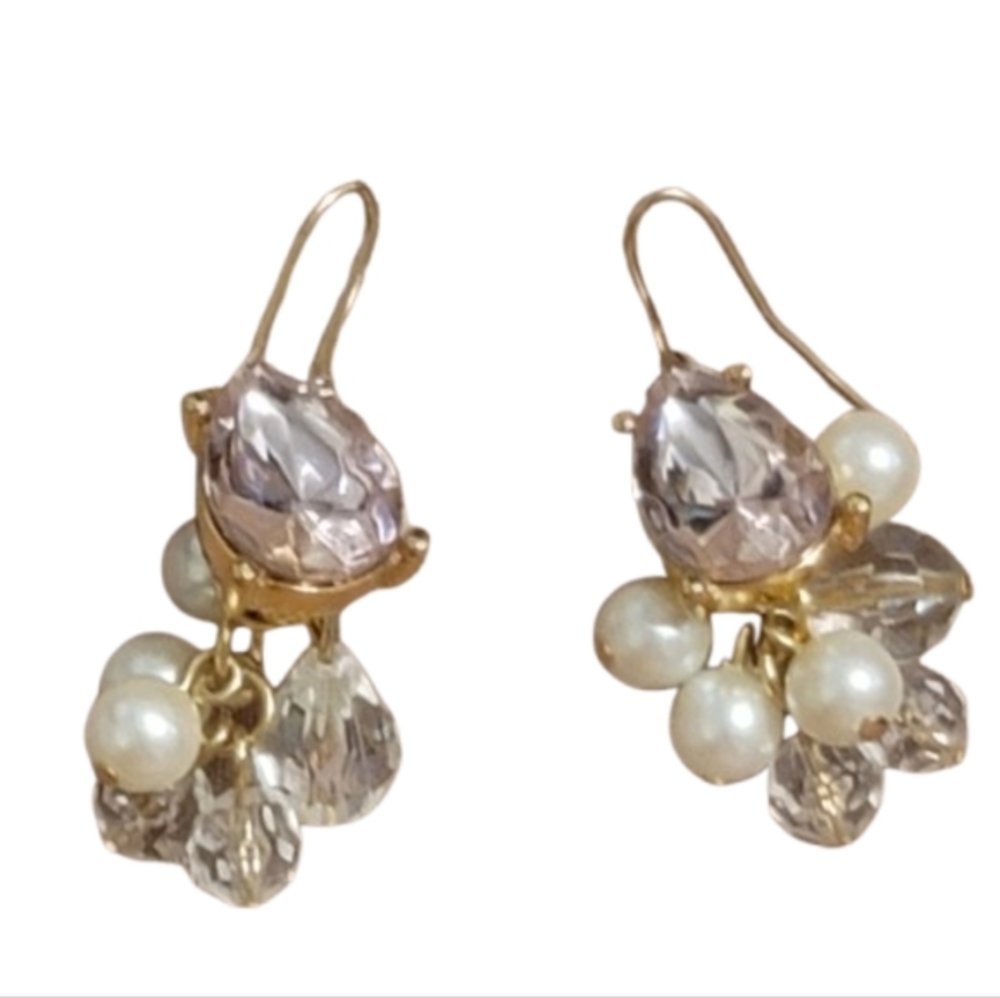 MARVELLA Vintage Pearl Cluster Earrings Gold Tone Crystal Dangle Glam